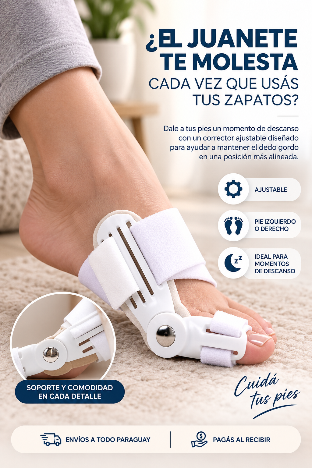 Vista limpia del corrector ajustable para juanetes