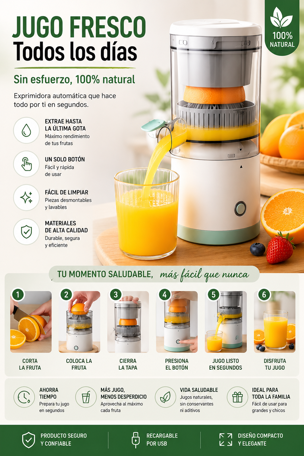 Exprimidor Recargable Automático – Jugo Fresco al Instante