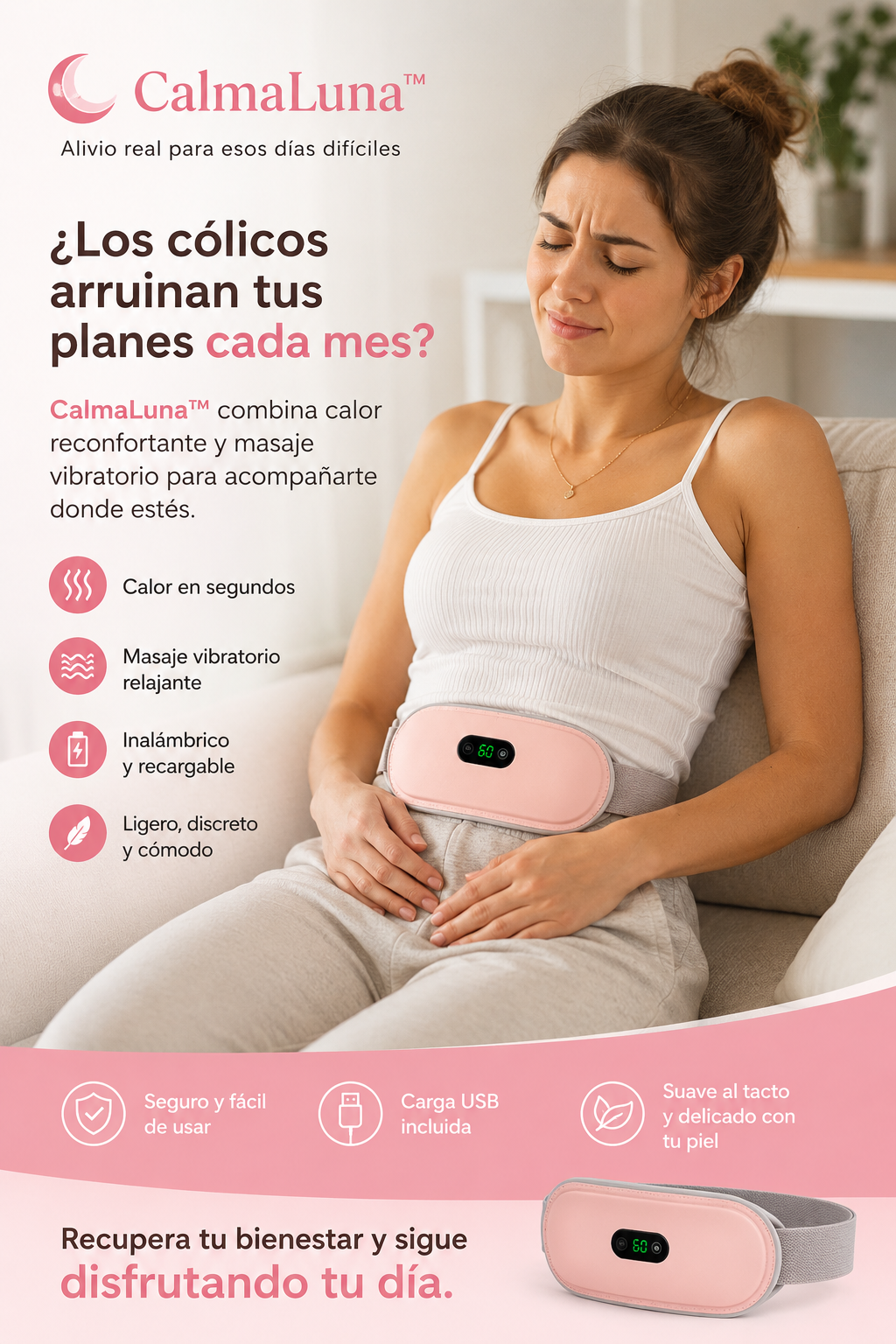 CalmaLuna™ – Cinturón Térmico y Masajeador Menstrual Portátil